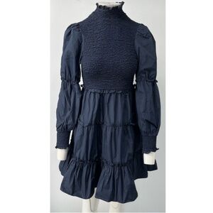Cinq A Sept 'Kaya' Navy Smocked Puff-Sleeve Babydoll Mini Dress sz 6 NWT